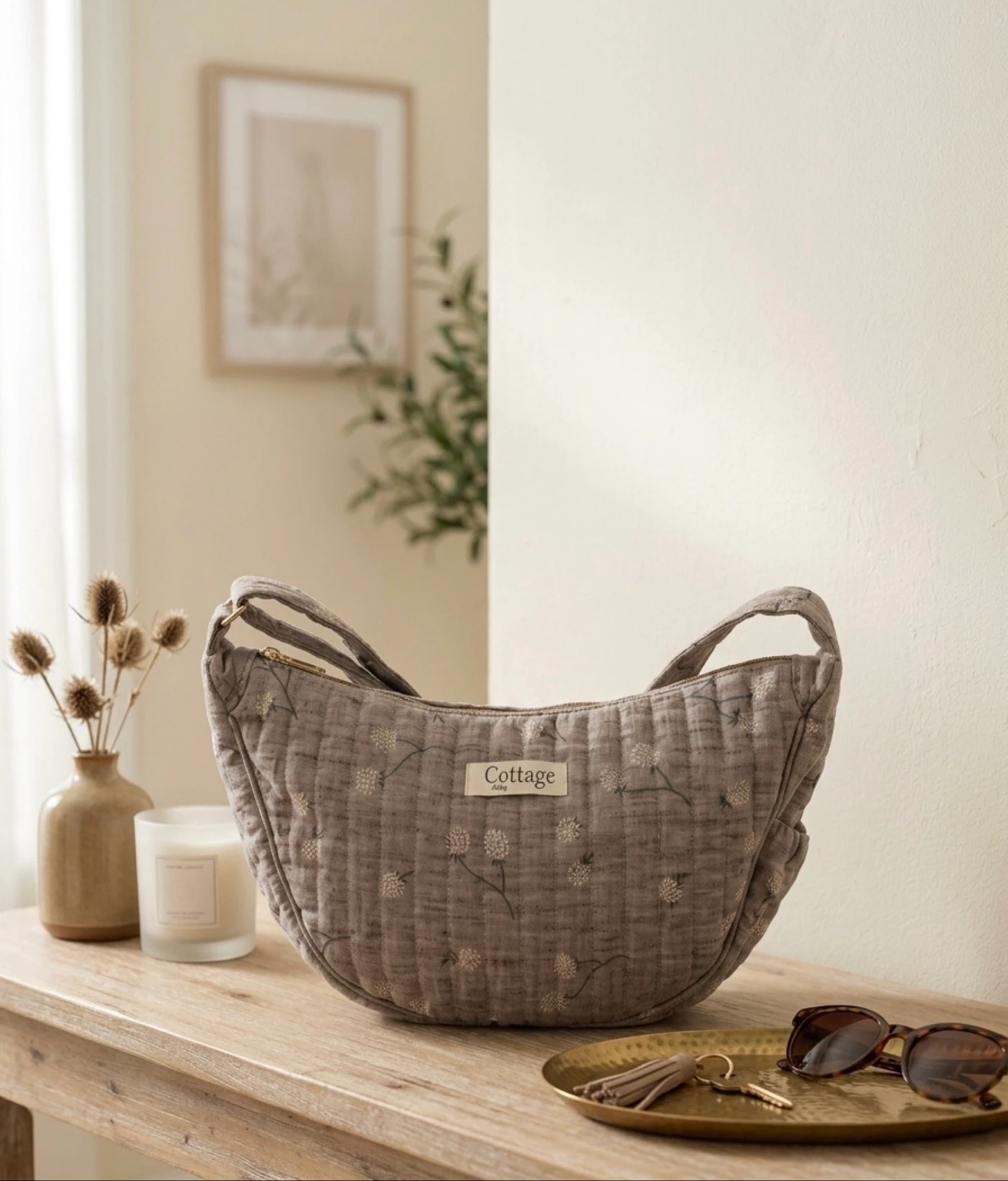 Sac Lune 100% Coton Matelassé Collection Cottage & Bag / Modèle Boules Grise